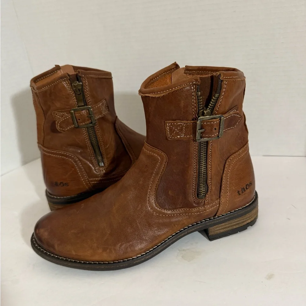 Taos Leather Ankle Boots Brown Side Zip Buckle Women’s Size 39 Comfort Casual - Picture 1 of 14